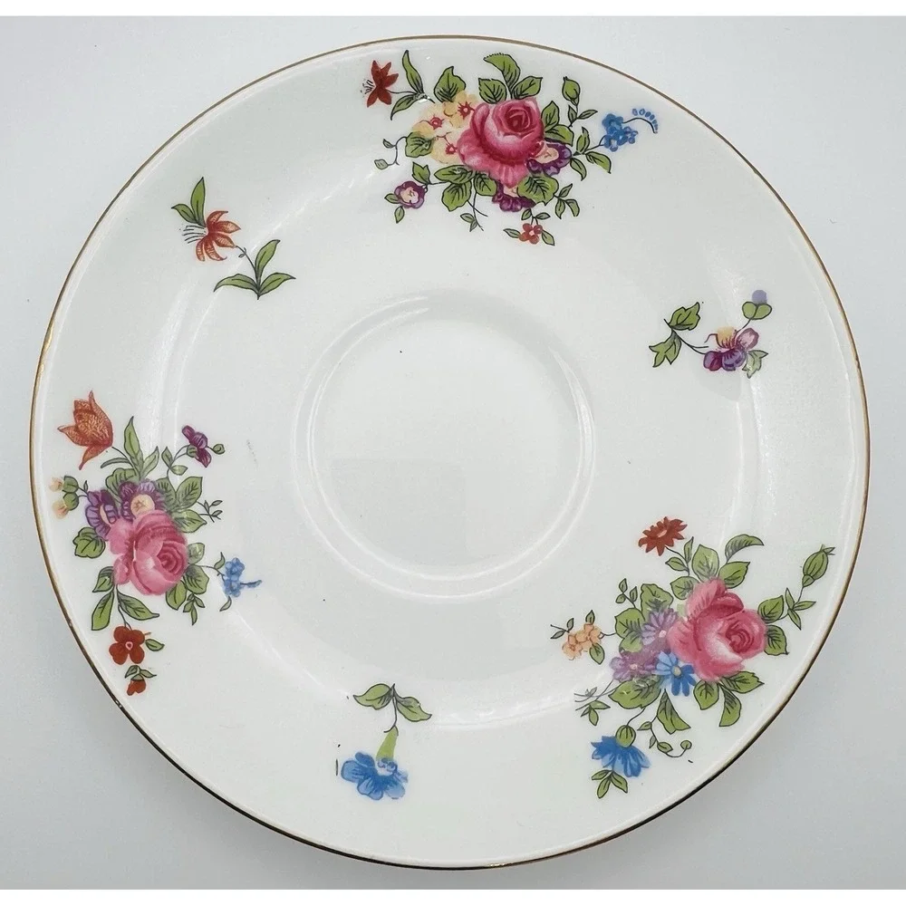 Crown Staffordshire Bone China Teacup Saucer Set Gold Pink Rose Floral England